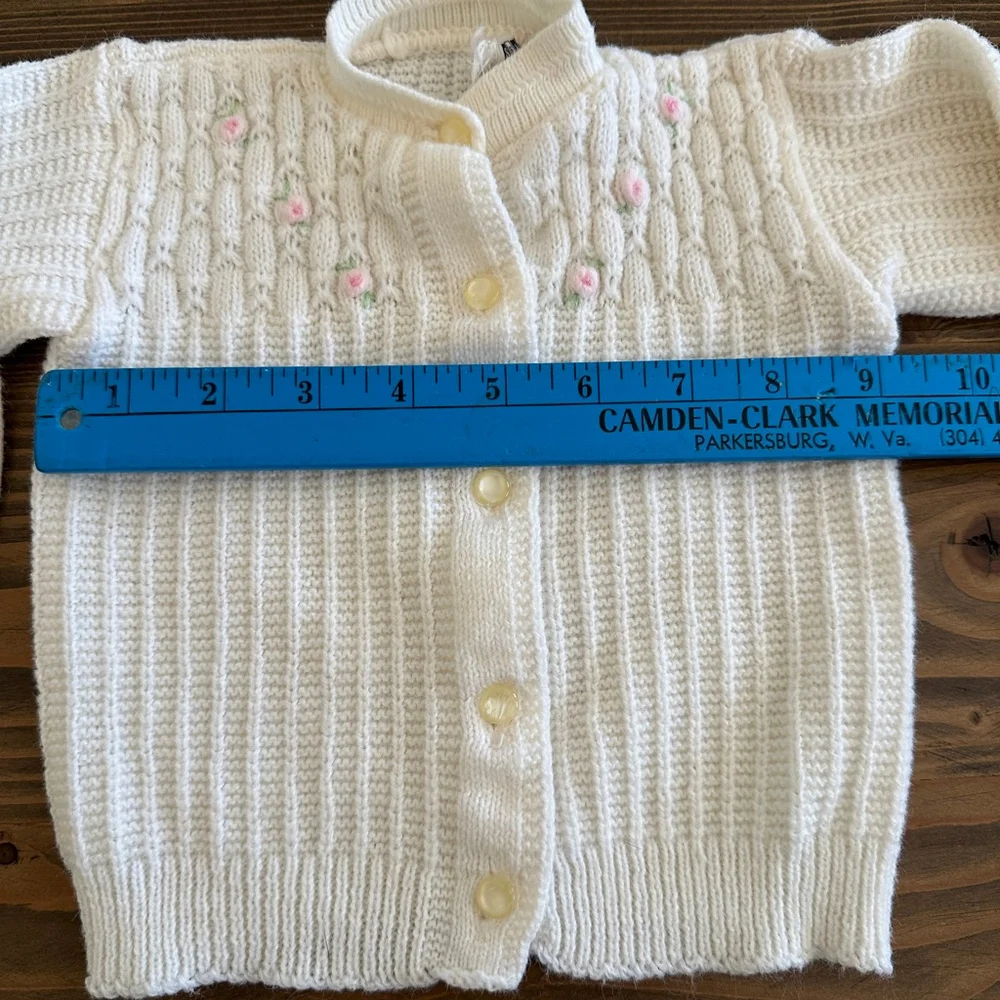Baby Sears & Roebuck White Knit Cardigan Sweater Pink Floral 12 Months Vintage